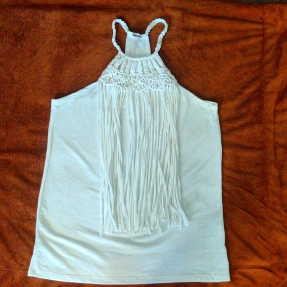 White Tank Top Fringe Racer back Festival Summer Top Short Sleeve Halter Top - Picture 6 of 8